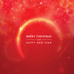 Wall Mural - greeting card merry christmas and happy new year in golden glitter circle on red shine vector backgr