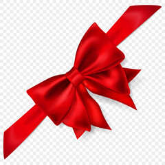 Beautiful red bow with diagonally ribbon with shadow, isolated on transparent background. Transparency only in vector format