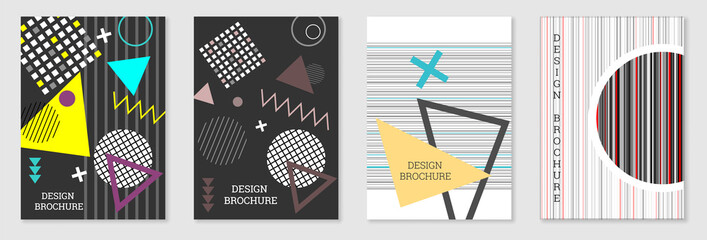 Set of cover design in Memphis style. Geometric design, abstract background. Fashionable bright cover, banner, poster, booklet. Creative colors.