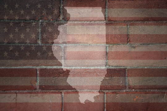 map of illinois state on a painted flag of united states of america on a brick wall