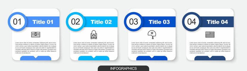 Poster - Set line Stacks paper money cash, Rocket launch from the spaceport, Military helmet and American flag. Business infographic template. Vector