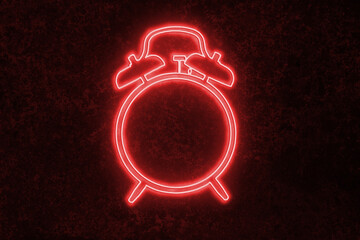 Neon. red neon sign in the shape of an alarm clock on a rusty metal wall