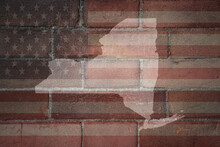 Map Of New York State On A Painted Flag Of United States Of America On A Brick Wall