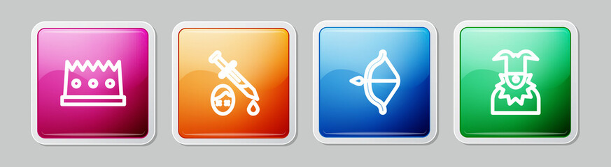 Poster - Set line King crown, Sword with blood, Medieval bow and arrow and Joker head. Colorful square button. Vector