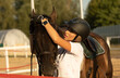 © lashkhidzetim - Young woman preparing to become a riding instructor taking care and talking to a horse.