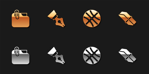 Poster - Set Document folder with clip, Fountain pen nib, Basketball ball and Eraser or rubber icon. Vector