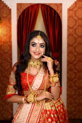 Wall Mural - Portrait of very beautiful young Indian lady in luxurious costume with makeup and heavy jewellery posing fashionable in studio lighting indoor. Religious Lifestyle Festive Fashion.