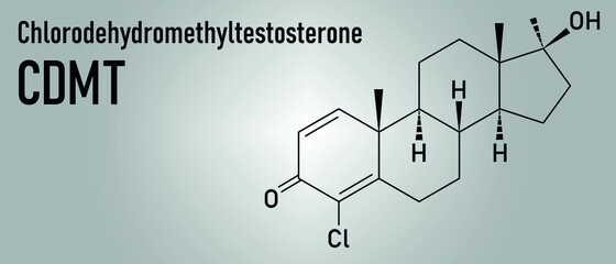 Sticker - Chlorodehydromethyltestosterone (CDMT) androgenic and anabolic steroid molecule, used in sports doping. Skeletal formula.