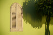 Window with closed lattice-blinds in a green wall, with shadow of a fig tree 