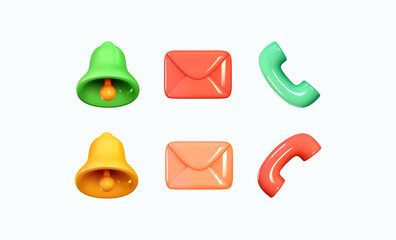 Wall Mural - Bell notification and message symbol, telephone receiver. Realistic 3d design of objects. Red and green yellow colors. Vector illustration