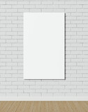 Fototapeta Tematy - One mock up poster on white brick wall. Empty white interior. 3D illustrations. 3D design interior. Template for business. Shadow on the wall. Empty blank for design. Place for your text.