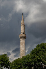 Canvas Print - View of a tower surrounded by trees in the city on a gloomy day