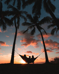 Wall Mural - beautiful view of people sitting on the hammock attached to plan trees near the beach during sunset