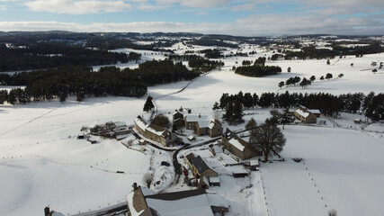 Wall Mural - Aerial view of a snowy village houses and landscape fields