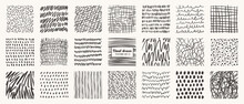 Set Of Hand Drawn Patterns Isolated. Vector Textures Made With Ink, Pencil, Brush. Geometric Doodle Shapes Of Spots, Dots, Circles, Strokes, Stripes, Lines. Template For Social Media, Posters, Prints