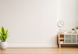 Mockup of an interior wall in a living area with a cabinet and an empty white wall background.