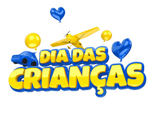 Poster - DIA DAS CRIANÇAS SELO 3D, AMARELO E AZUL EM FUNDO ISOLADO