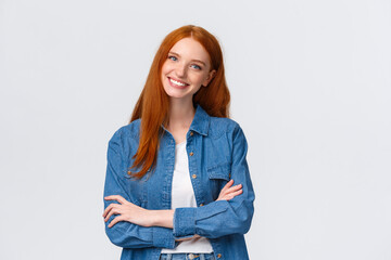 Wall Mural - Professionalism, teamwork concept. Waist-up shot alluring pleasant redhead teenage, college student, female ginger girl in denim shirt, cross hands over chest and smiling happy, express confidence