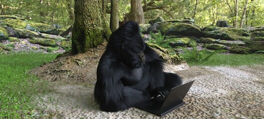 gorilla with laptop in forest concept 3d illustration