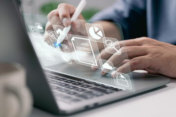 Aufkleber - IT working on laptop computer. Business processes Document Management System (DMS) progress planning and chart