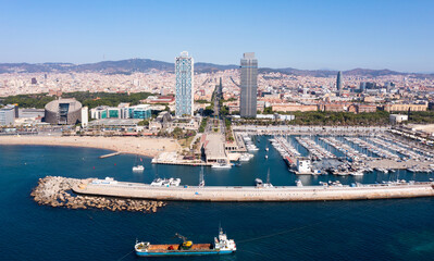 Wall Mural - View from drone to Mediterranean seascape with yachts in marina of Barcelona