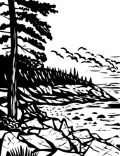 WPA Poster Monochrome Art Of The Acadia National Park On Mount Desert Island, Maine USA Done In Works Project Administration Black And White Style.