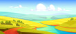 Summer landscape with green fields, river and road. Vector cartoon illustration of countryside with meadows and grassland on hills, water stream and rural road on riverside