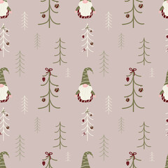 Merry Christmas seamless pattern with cute gnome and decorated tree. Winter fairy happy holidays background. Cartoon design. Vector illustration