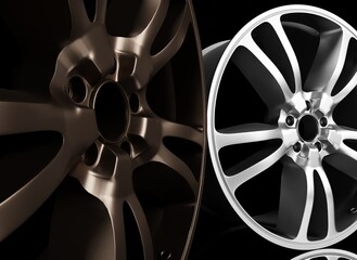 Close up glossy colors alloy wheel on a black scene 3D render car part wallpaper backgrounds