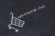Chalk drawing of shopping cart and word substitution class on black chalboard. Concept of globalization and mass consuming