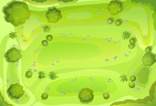 Hilly Lawn In The Forest. View From Above. Countryside Rural Landscape. Green Foliage Of Trees And Shrubs. Top View. Background Illustration In Cartoon Style. Vector.