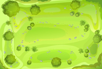 Wall Mural - Hilly lawn in the forest. View from above. Countryside rural landscape. Green foliage of trees and shrubs. Top view. Background illustration in cartoon style. Vector.