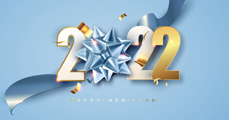 Wall Mural - 2022 Happy new year. Blue festive background with gift bow and glitter. Happy New Year Banner for greeting card, calendar.