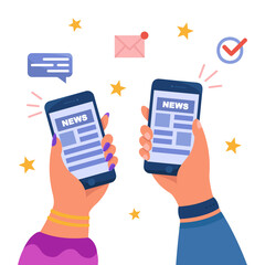 Wall Mural - Hands holding mobile phones with news or newsletters. Online newspaper application, social media blog flat vector illustration. Journalism, communication concept for website design, landing web page