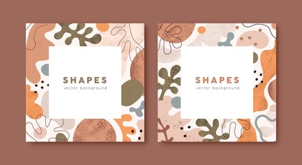 Fototapete - Square cards designs with abstract frame and background for text. Modern templates of social media ad posts with border of doodle geometric shapes, blots and leaf. Flat graphic vector illustrations