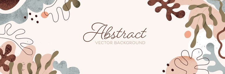 Fototapete - Modern banner with abstract leaf, plants, organic geometric shapes and blots. Horizontal background design with trendy botanical pattern with doodle leaves, blobs and dots. Flat vector illustration