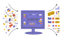 Data Analysis, Database Visualization. Monitor Of Big Computer Showing Process Of Sorting Information. Input Output Data, Digital Mind Map. Infographic, Charts, Graphic Analyzing Vector Illustration