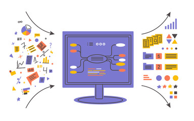 Data analysis, database visualization. Monitor of big computer showing process of sorting information. Input output data, digital mind map. Infographic, charts, graphic analyzing vector illustration