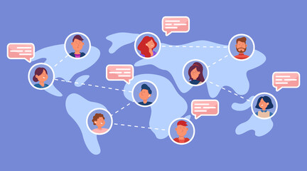 Wall Mural - Diverse people talking to friends worldwide. Men and women from different countries on world map flat vector illustration. Global communication, social media or network concept for banner
