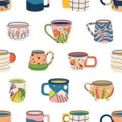 Wall Mural - Seamless pattern with modern tea cups and mugs on white background. Endless repeating kitchen texture with cute teacups for printing. Colored flat vector illustration for wrapping and wallpaper