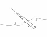 Fototapeta Koty - Continuous one line drawing of disposable syringe with needle and medicine in silhouette on a white background. Linear stylized.Minimalist.