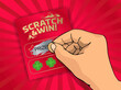 © Ografica - Illustration of hand scratching a playing card with coin. Scratch card game.