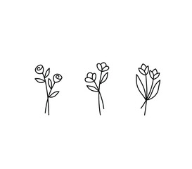 Wall Mural - Vector isolated tiny flower set. Small simple flowers line drawing 