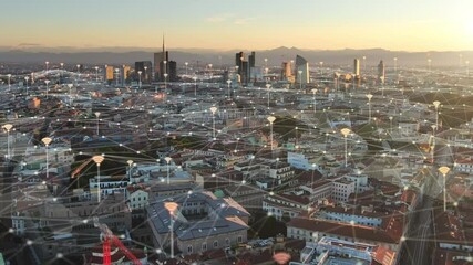 smart city communication concept,aerial view of 5G wired network growing over cityscape,wifi signal motion graphic animation with urban background,milan italy