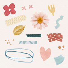 Wall Mural - Floral and Washi tape stickers pack vector
