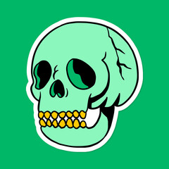 Poster - Green skull with gold teeth sticker with a white border