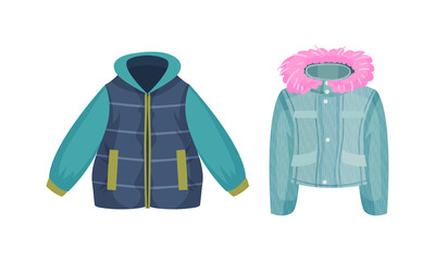 Fashionable women outerwear set. Warm down jackets. Stylish clothes winter, spring or autumn season vector illustration