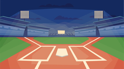 Baseball stadium concept in flat cartoon design. Sports field with base, floodlights, spectator stands. Competition stadium, sports center for the game. Vector illustration horizontal background