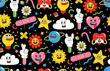 Wall Mural - Cartoon characters background. Seamless pattern with funny stickers and patches in trendy retro cartoon style.