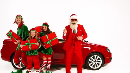 Sticker - Funky positive elf santa team enjoy dance prepare gift cabriolet delivery